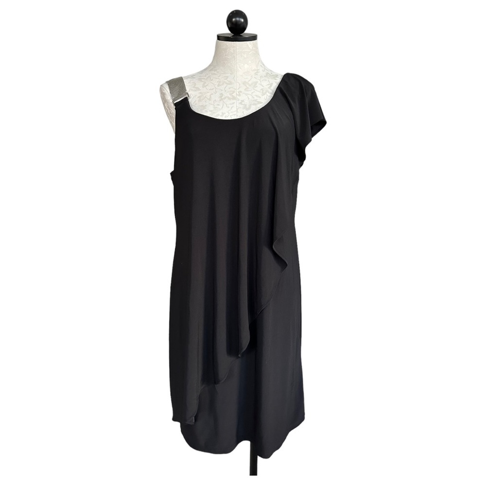 Black Cocktail Dress One Shoulder Silver Chain Strap One Flutter Fits Large